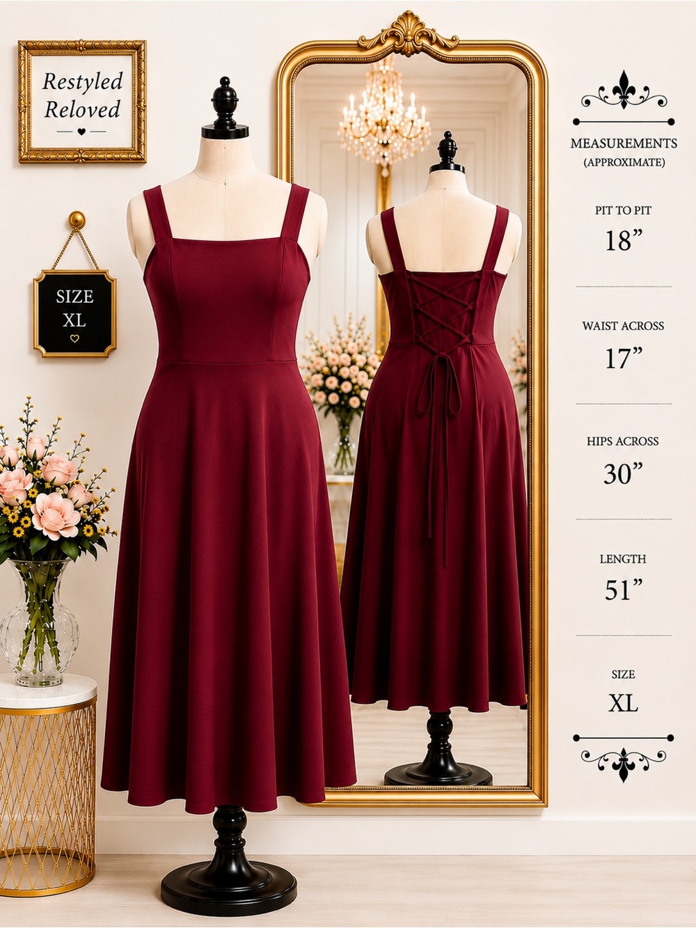 OYS Wine Red Sleeveless Square Neck Midi Dress with Lace-Up Back | Size Medium